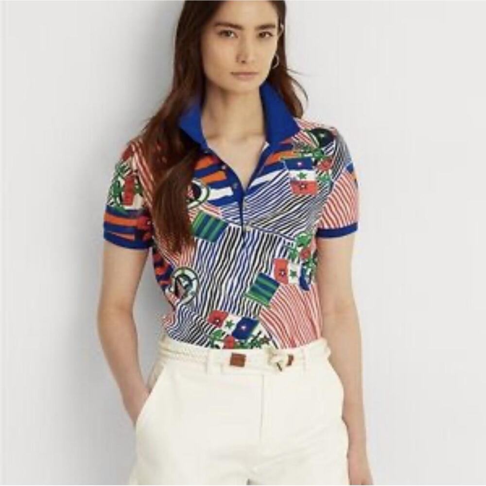 Lauren Ralph Lauren Polo Shirt Large Petite Multicolor Nautical Flag Striped